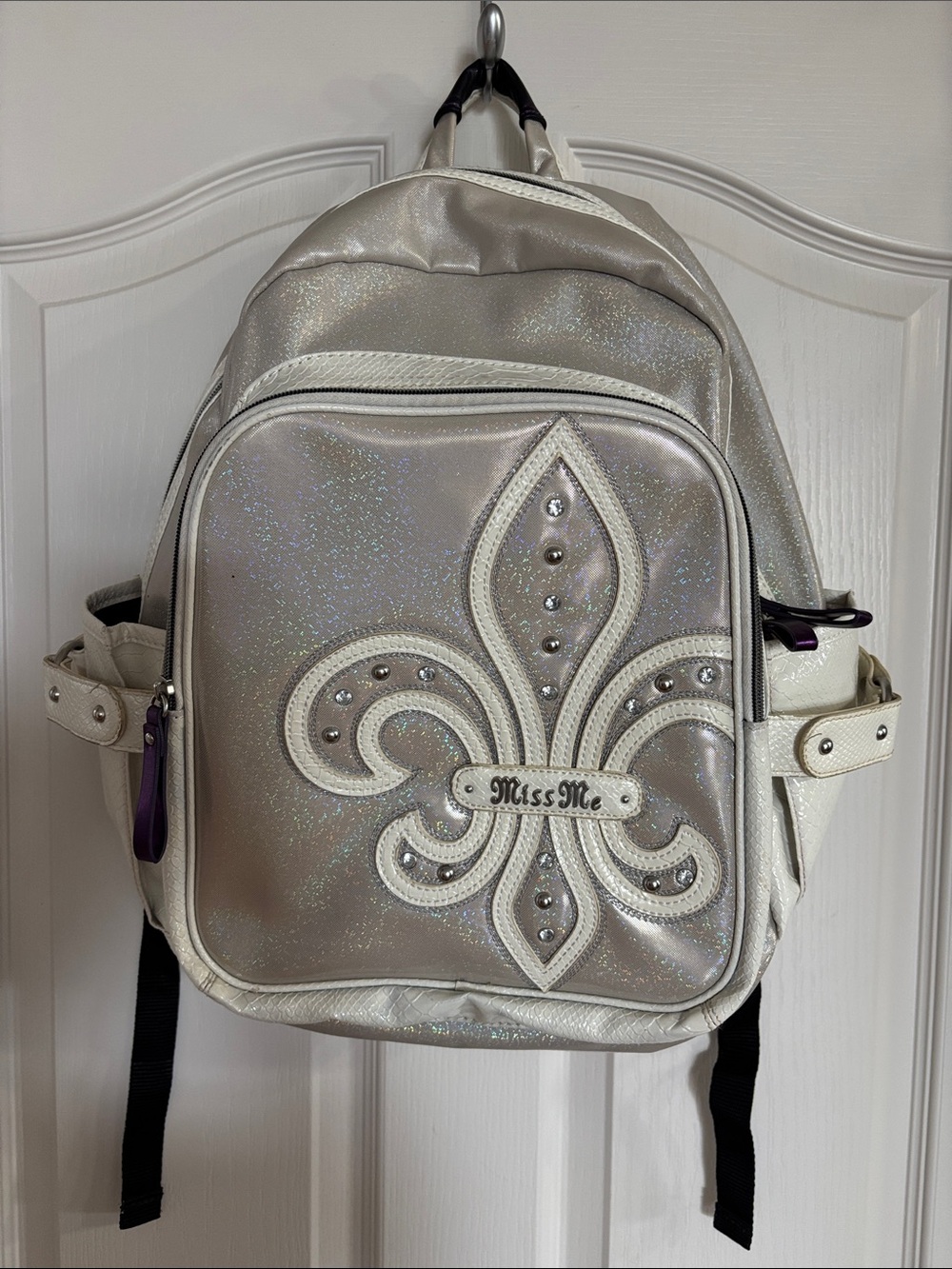 Miss Me Iridescent Pearl White Fleur-de-Lis Backpack